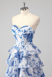 Bleu blanc fleur trapèze Sweetheart longue Robe de soirée à plusieurs niveaux avec fente