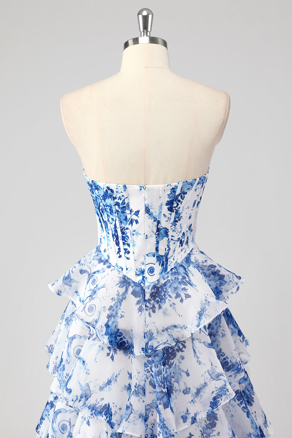 Bleu blanc fleur trapèze Sweetheart longue Robe de soirée à plusieurs niveaux avec fente