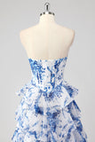 Bleu blanc fleur trapèze Sweetheart longue Robe de soirée à plusieurs niveaux avec fente