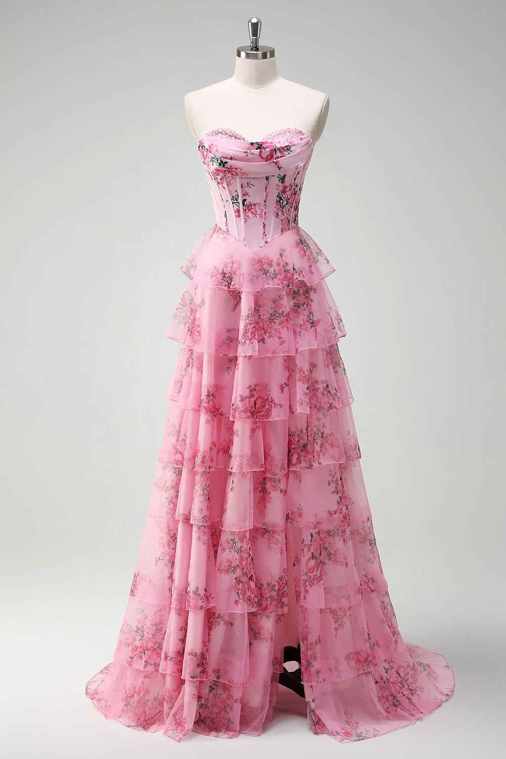 Bleu blanc fleur trapèze Sweetheart longue Robe de soirée à plusieurs niveaux avec fente