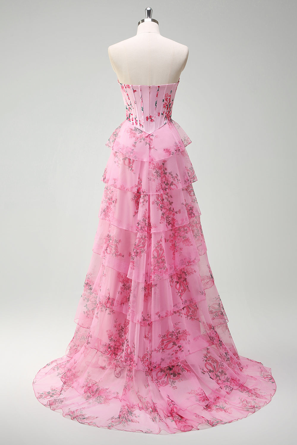 Blush Floral Une ligne sans bretelles Corset Robe de Soirée à plusieurs niveaux