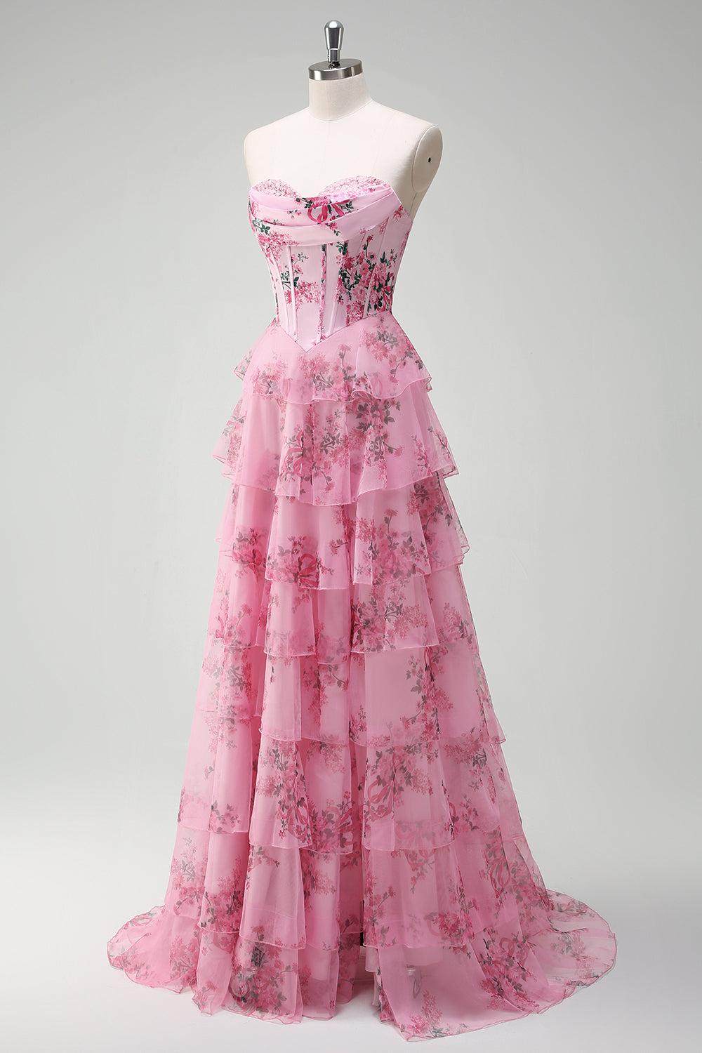 Bleu blanc fleur trapèze Sweetheart longue Robe de soirée à plusieurs niveaux avec fente