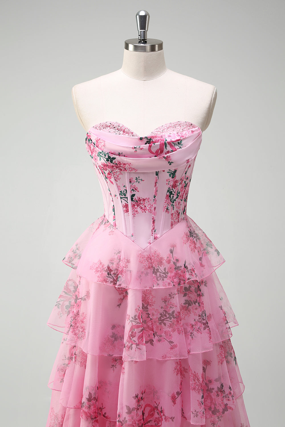 Bleu blanc fleur trapèze Sweetheart longue Robe de soirée à plusieurs niveaux avec fente