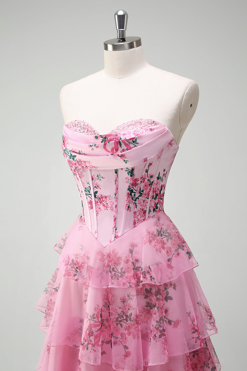 Bleu blanc fleur trapèze Sweetheart longue Robe de soirée à plusieurs niveaux avec fente