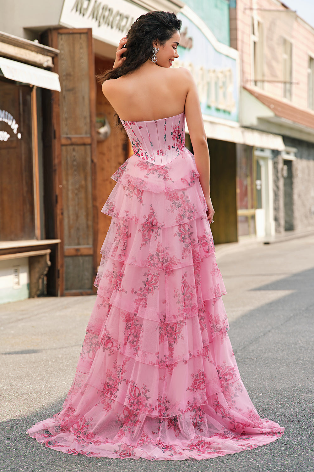 Bleu blanc fleur trapèze Sweetheart longue Robe de soirée à plusieurs niveaux avec fente
