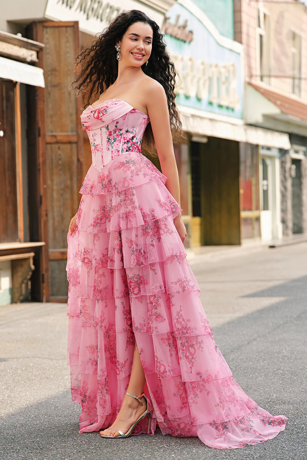 Bleu blanc fleur trapèze Sweetheart longue Robe de soirée à plusieurs niveaux avec fente