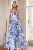 Bleu blanc fleur trapèze Sweetheart longue Robe de soirée à plusieurs niveaux avec fente
