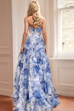 Bleu blanc fleur trapèze Sweetheart longue Robe de soirée à plusieurs niveaux avec fente