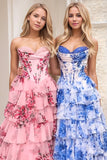 Bleu blanc fleur trapèze Sweetheart longue Robe de soirée à plusieurs niveaux avec fente