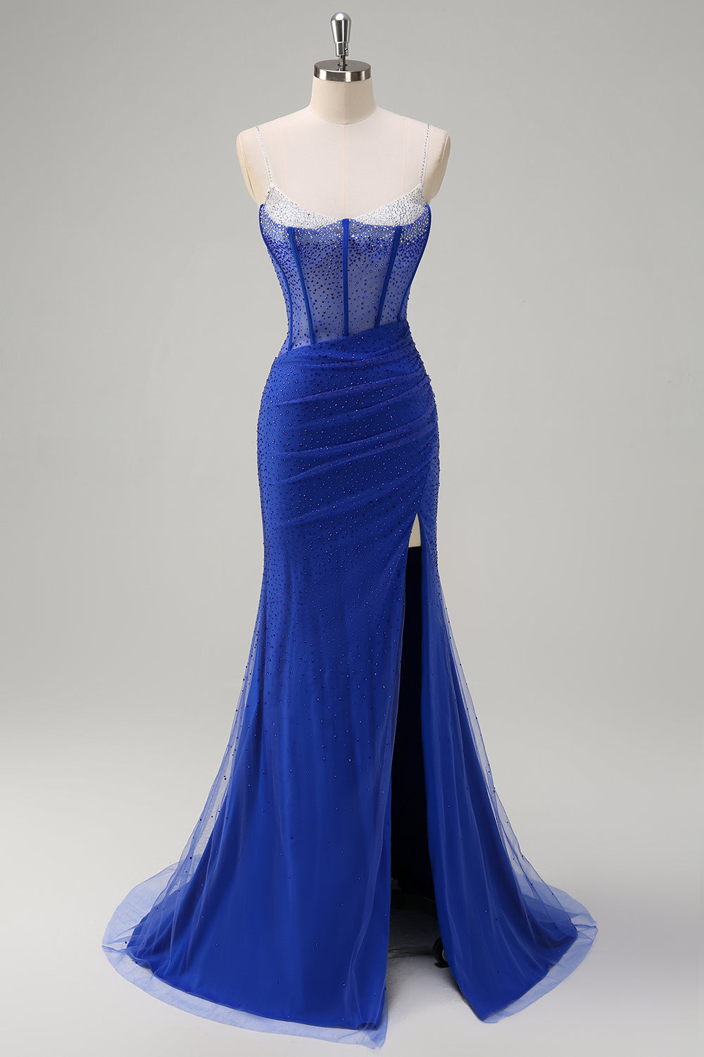Robe De Soirée longue avec fente de sirène corset bleu royal avec perles