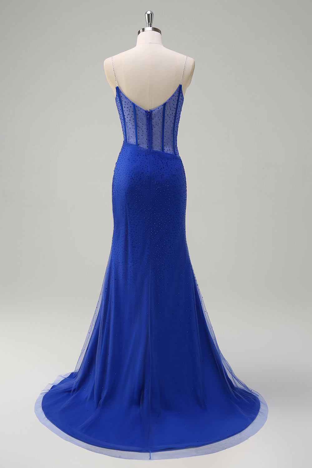 Robe De Soirée longue avec fente de sirène corset bleu royal avec perles