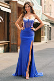 Robe De Soirée longue avec fente de sirène corset bleu royal avec perles