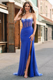 Robe De Soirée longue avec fente de sirène corset bleu royal avec perles