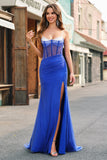 Robe De Soirée longue avec fente de sirène corset bleu royal avec perles