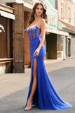 Robe De Soirée longue avec fente de sirène corset bleu royal avec perles