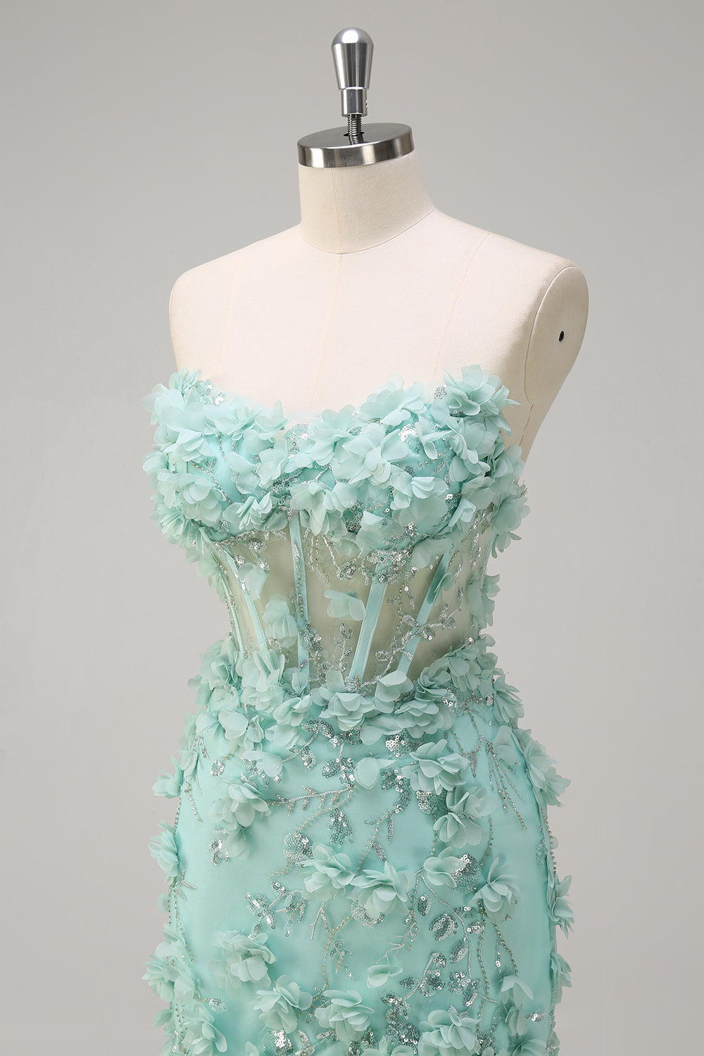 Sirène verte sans bretelles Corset transparent à volants longue robe de Soirée avec fleurs 3D