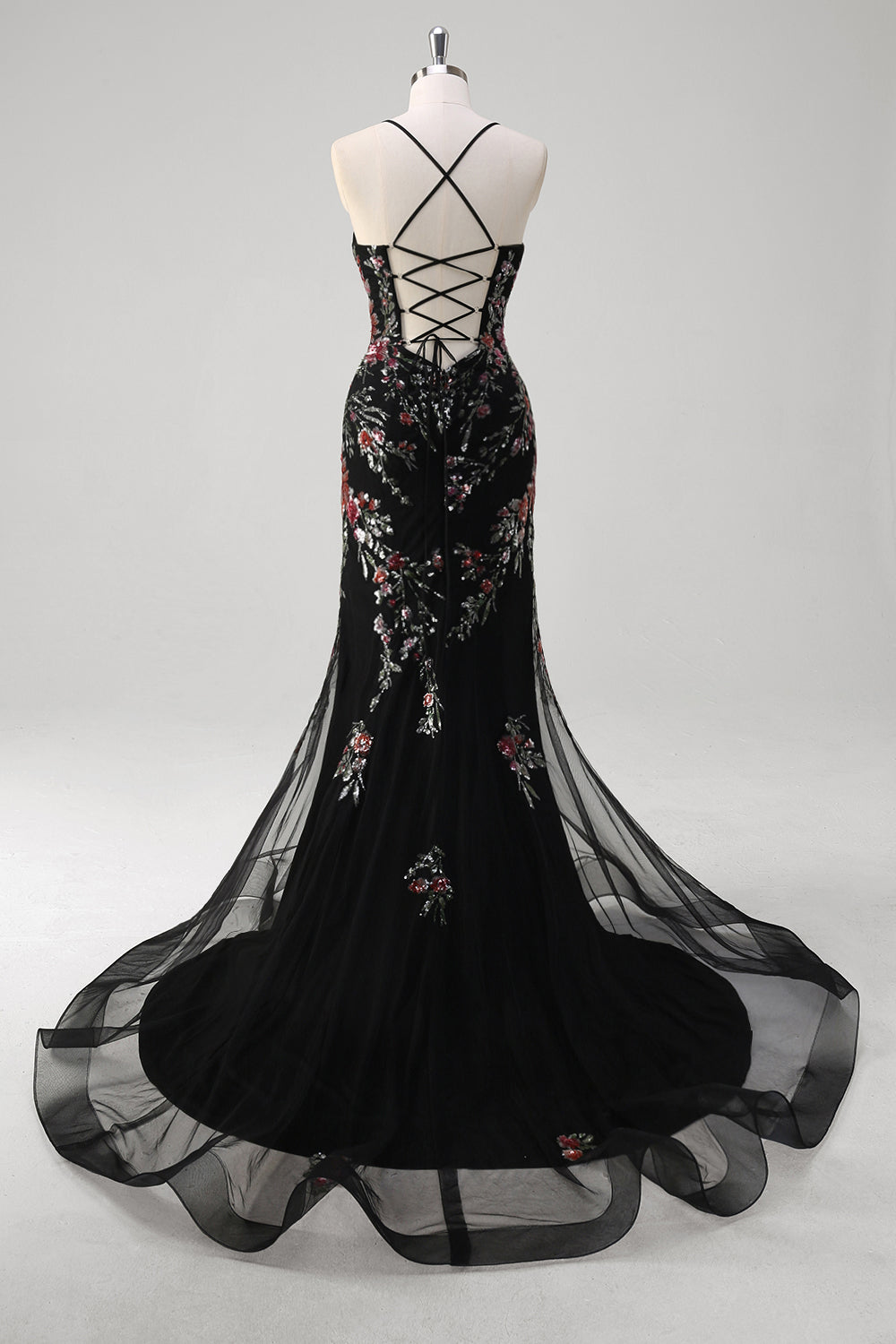 Robe de bal longue à bretelles spaghetti sirène noire avec paillettes