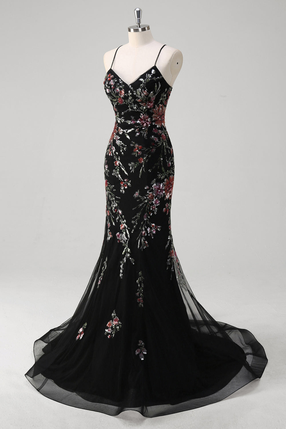 Robe de bal longue à bretelles spaghetti sirène noire avec paillettes
