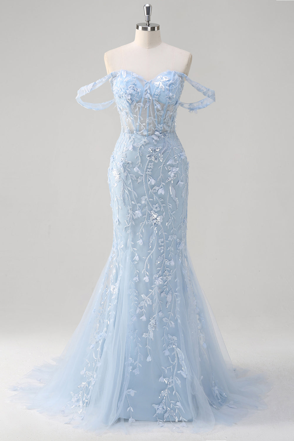 Sirène Applique Épaule Dénudée Corset Robe De Soirée Bleue