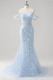 Sirène Applique Épaule Dénudée Corset Robe De Soirée Bleue