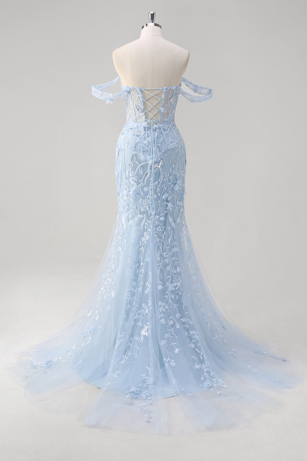 Sirène Applique Épaule Dénudée Corset Robe De Soirée Bleue