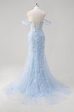 Sirène Applique Épaule Dénudée Corset Robe De Soirée Bleue