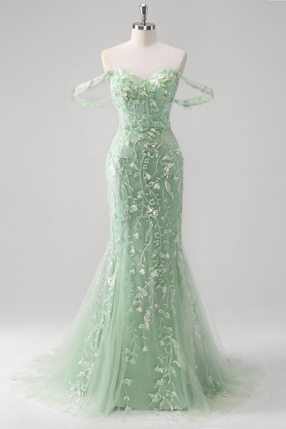 Sirène Applique Épaule Dénudée Corset Robe De Soirée Bleue
