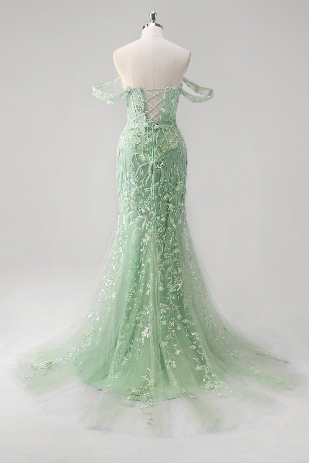 Sirène Applique Épaule Dénudée Corset Robe De Soirée Bleue