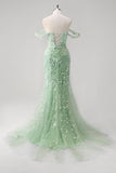 Sirène Applique Épaule Dénudée Corset Robe De Soirée Bleue