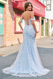 Sirène Applique Épaule Dénudée Corset Robe De Soirée Bleue