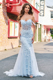 Sirène Applique Épaule Dénudée Corset Robe De Soirée Bleue
