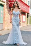 Sirène Applique Épaule Dénudée Corset Robe De Soirée Bleue