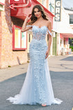 Sirène Applique Épaule Dénudée Corset Robe De Soirée Bleue