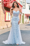 Sirène Applique Épaule Dénudée Corset Robe De Soirée Bleue