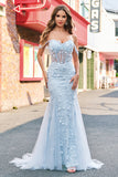 Sirène Applique Épaule Dénudée Corset Robe De Soirée Bleue