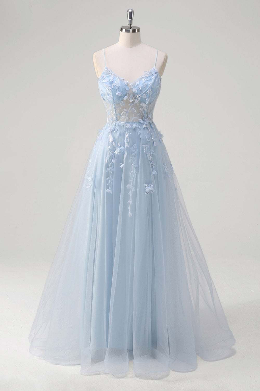 Une ligne tulle spaghetti bretelles corset applique bleu Robe De Soirée avec fente
