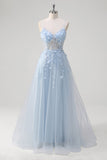 Une ligne tulle spaghetti bretelles corset applique bleu Robe De Soirée avec fente