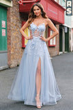 Une ligne tulle spaghetti bretelles corset applique bleu Robe De Soirée avec fente