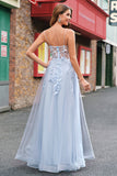 Une ligne tulle spaghetti bretelles corset applique bleu Robe De Soirée avec fente