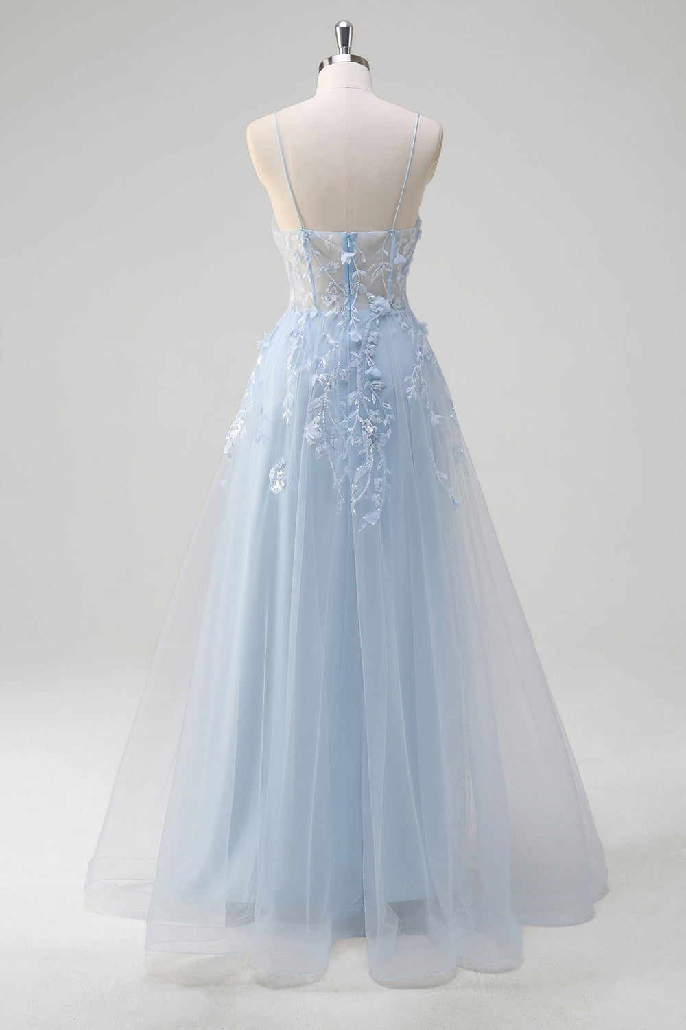 Une ligne tulle spaghetti bretelles corset applique bleu Robe De Soirée avec fente