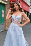 Une ligne tulle spaghetti bretelles corset applique bleu Robe De Soirée avec fente