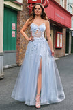 Une ligne tulle spaghetti bretelles corset applique bleu Robe De Soirée avec fente