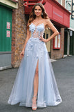 Une ligne tulle spaghetti bretelles corset applique bleu Robe De Soirée avec fente
