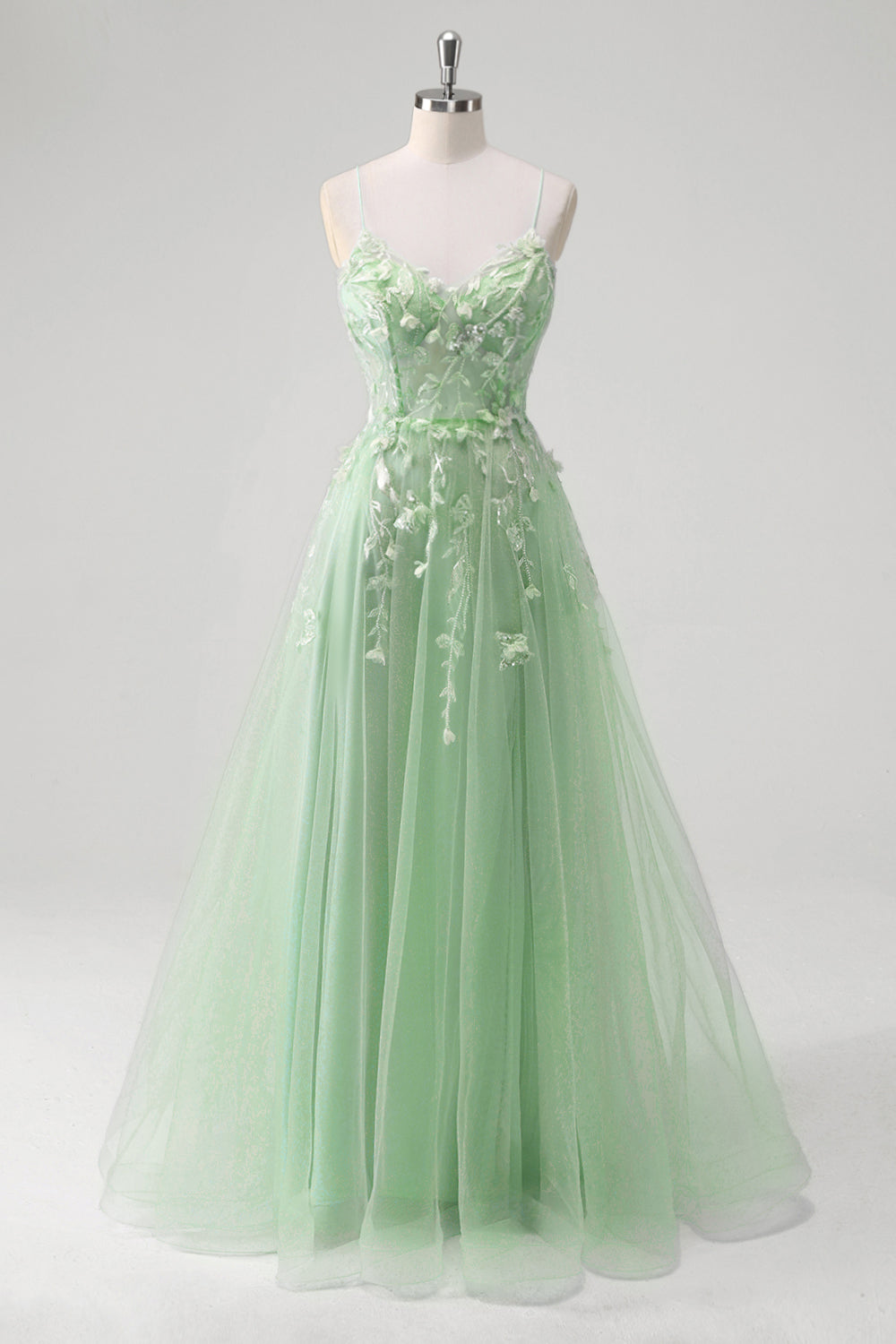 Une ligne tulle spaghetti bretelles corset applique bleu Robe De Soirée avec fente