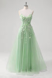 Une ligne tulle spaghetti bretelles corset applique bleu Robe De Soirée avec fente