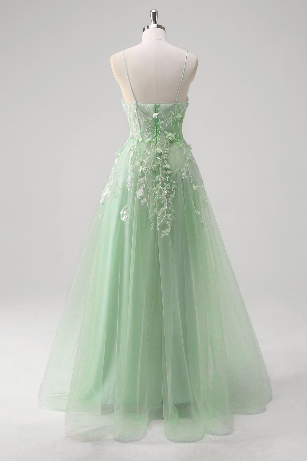 Une ligne tulle spaghetti bretelles corset applique bleu Robe De Soirée avec fente