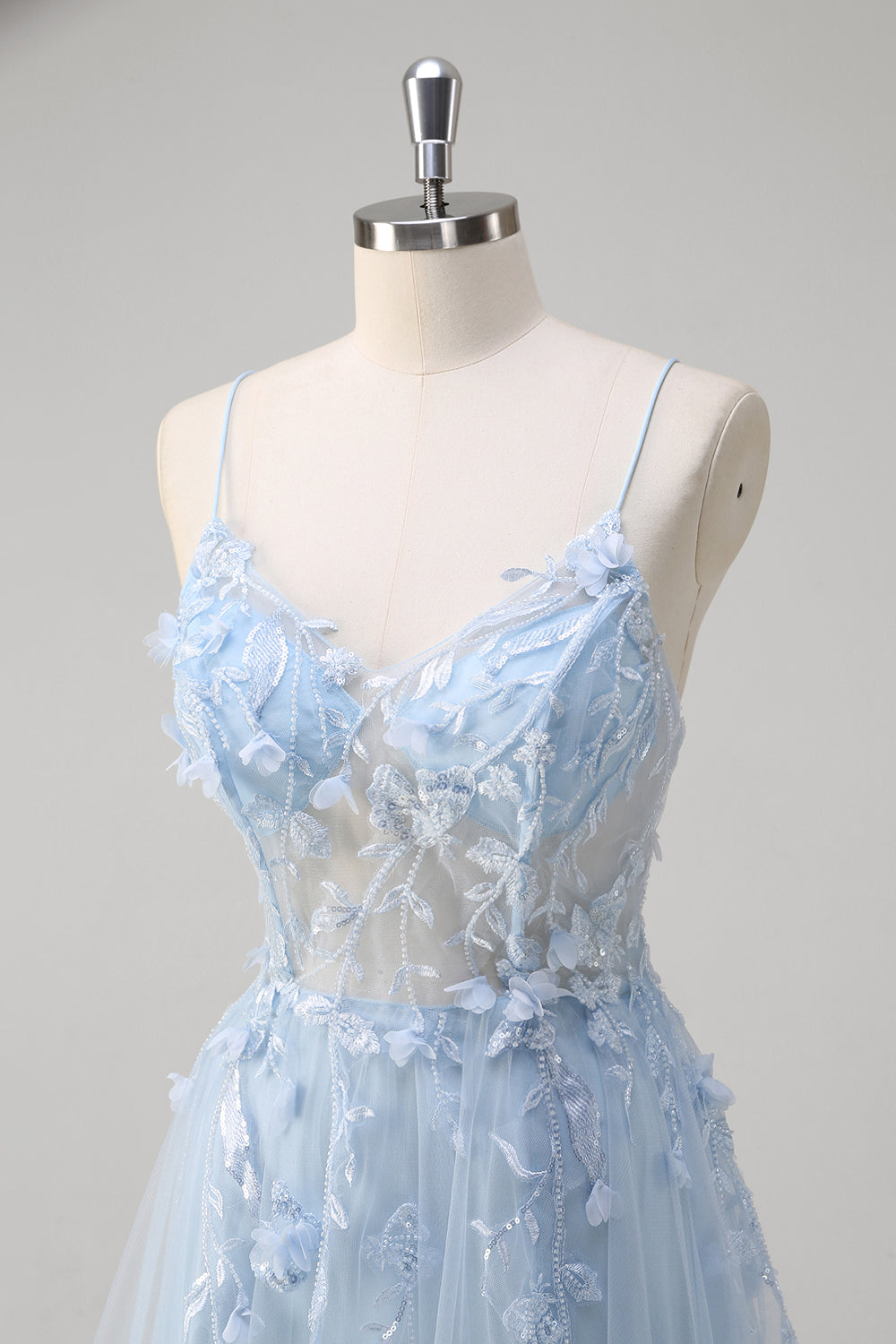 Bleu A Ligne Spaghetti Bretelles Appliqué Corset Robe Longue De Bal Avec Tulle