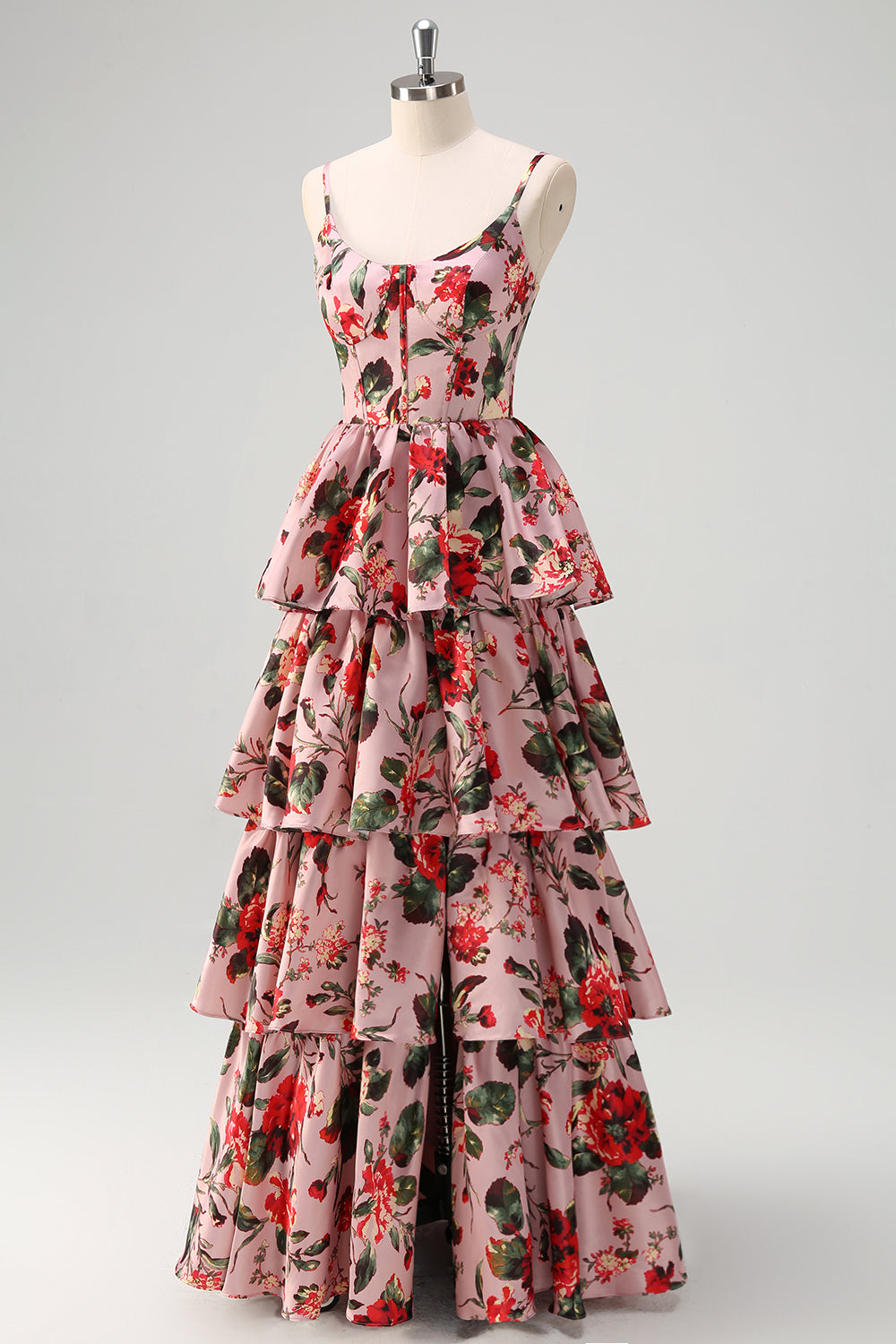 Une ligne à bretelles spaghetti grises roses Robe de soirée florale longue