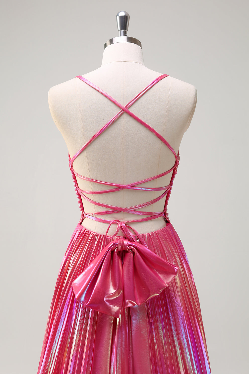 Fuchsia A-ligne Spaghetti Straps Robe de Bal Longue Plissé Métallisée avec Fente