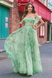 Floral Une ligne dénudée Corset épaule longue Robe De Soirée verte